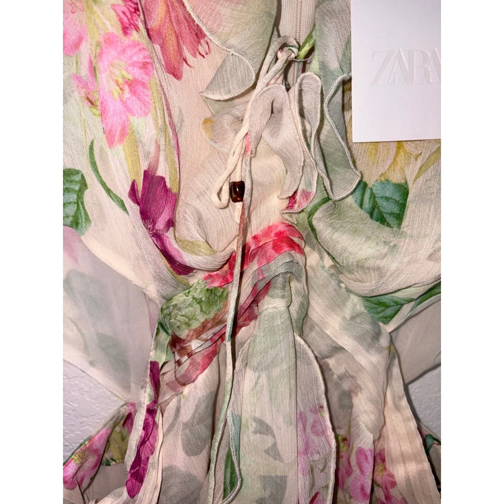 Zara Floral Cut-Out Midi Dress XL Cream Pink New Ruffle V-Neck Fairycore party - Picture 12 of 16
